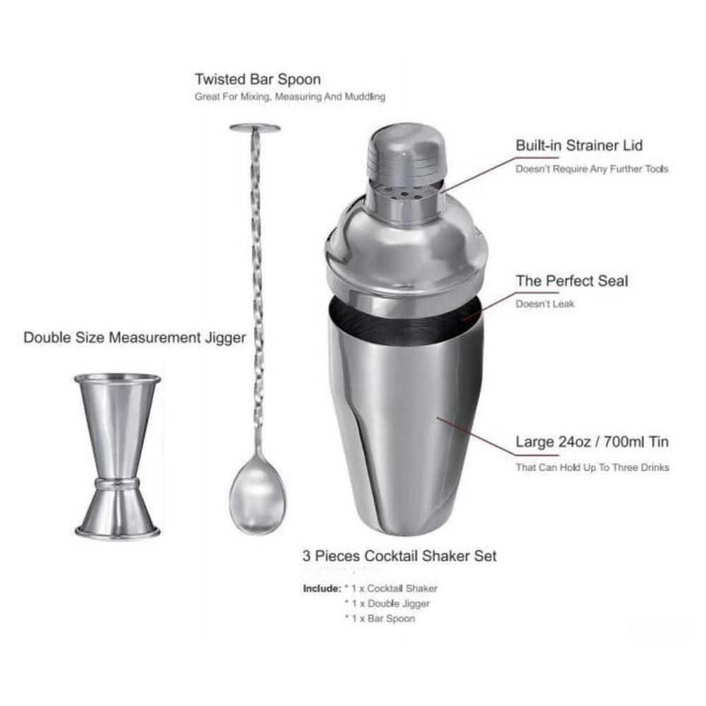 Stainless Steel Cobbler Shaker Cocktail Set – 3-Piece Bartender Kit