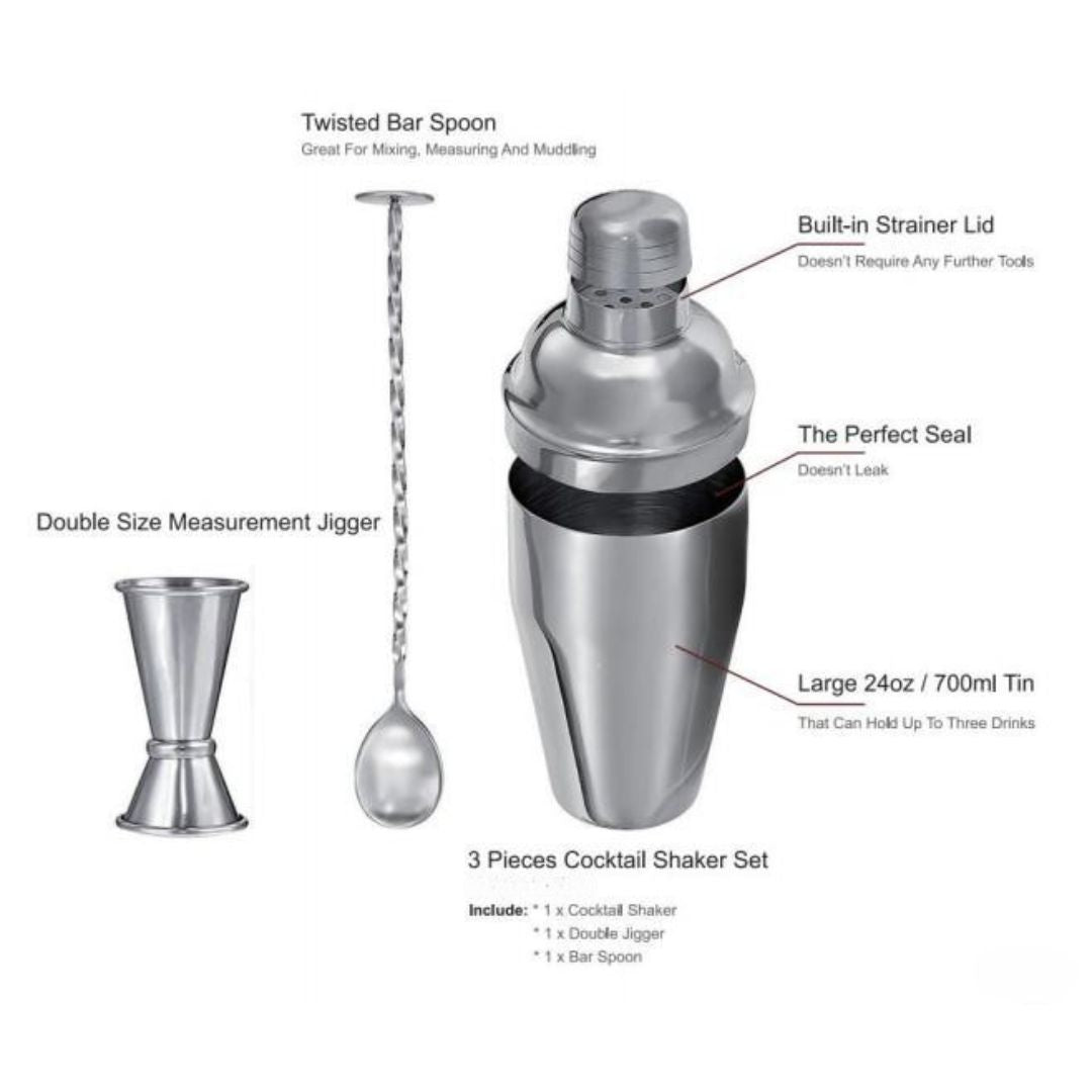 Stainless Steel Cobbler Shaker Cocktail Set – 3-Piece Bartender Kit
